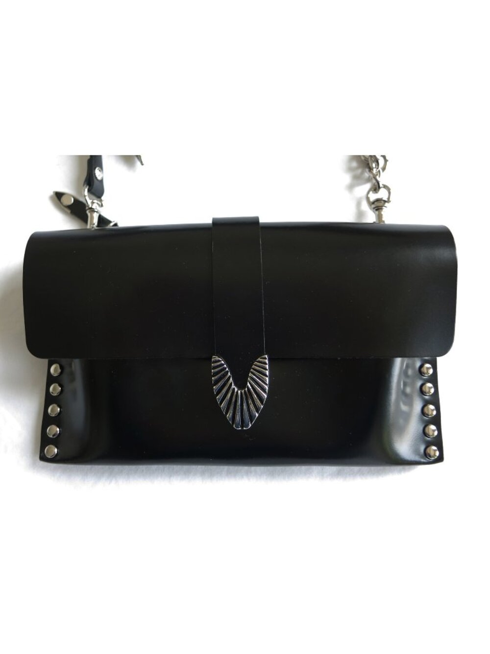 TOGA ARCHIVES Black Leather Silver Stud Embellished Chain Clutch Flap Wallet Bag - Picture 6 of 12